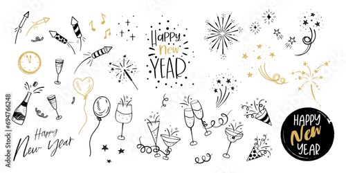 Fun hand drawn New Years Party doodles - firework, paper streamers, cocktails and rockets , great for banners, wallpapers, textiles, wrapping - vector design