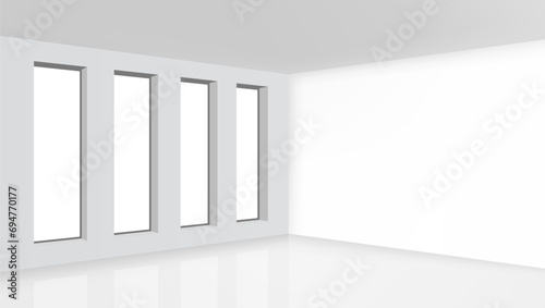 3D White Room Clear Interior With Four Windows