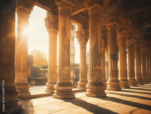 Ancient desert oasis with grand columns, intricate carvings, and weathered stones. Hyper-realistic image with sharp focus, lens flare, and radiant glow