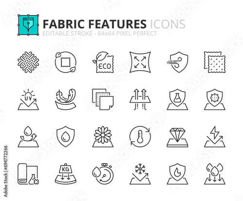 Line icons about fabric features. Pixel perfect 64x64 and editable stroke