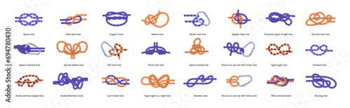 Different sailor rope knots set. Learning, tutorial who to reef marine string nodes. Climbing bundled, hiking loops, noose ties with hitch. Flat isolated vector illustration on white background
