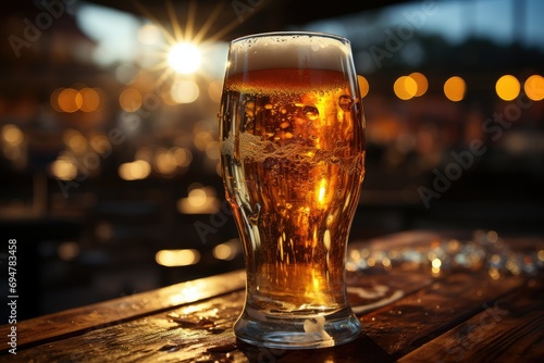 A promotional shot with a full glass of light camp beer with droplets on the sides in the bar. 