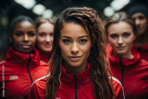 Diversity, woman and sport team with smile for support, unity or in fitness together in the outdoors. Portrait group of athletic women smiling in joy for teamwork, friendship or sports exercise.Ai