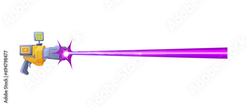 Space fantasy blaster laser gun shooting with beam, vector illustration isolated.