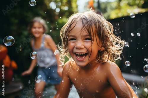 Children play happily in the backyard, summer water games are filled with laughter, soap bubbles fly around