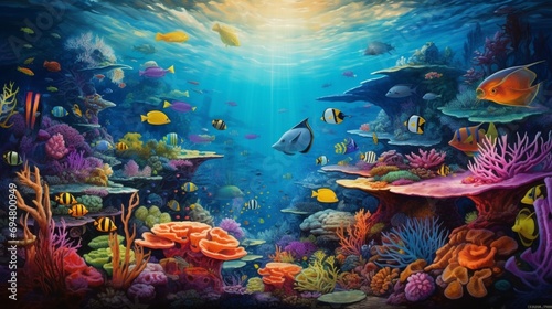 A captivating underwater scene with vibrant coral reefs, featuring an array of exotic and colorful fish swimming gracefully.