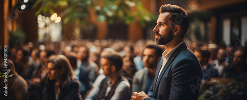 a man giving a presentation at a business lecture meeting.Speaker giving a talk on corporate business conference. Unrecognizable people in audience at conference hall. Business and Entrepreneurship.Ai