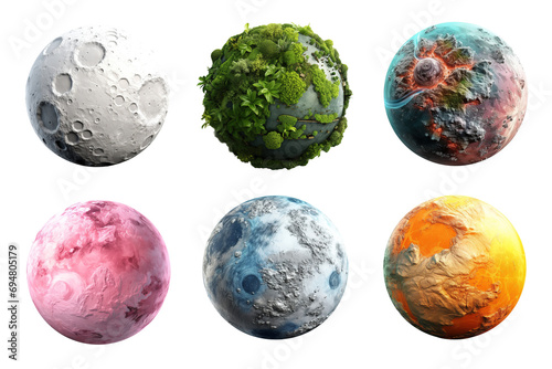 Generative AI, PNG set of 6 different beautiful planets 
