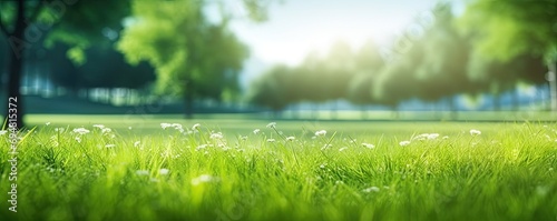 Sunlit meadow. Vibrant and refreshing image captures essence of nature in spring or summer. Lush green meadow serves as picturesque background radiating with beauty of outdoors