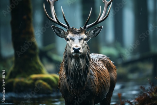 Regal stag with majestic antlers in a misty forest, Generative AI
