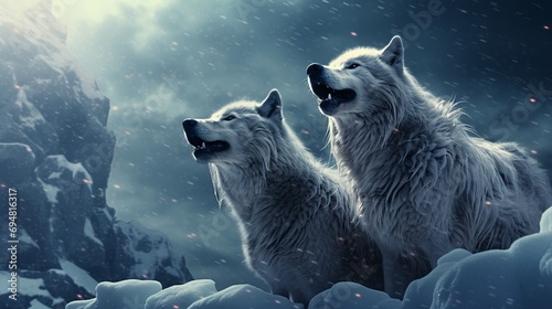 Wolves in a digitally crafted snowy wilderness, their fur realistically textured as they howl at the moon.
