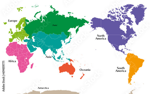六州で色分けされた世界地図、ロシアをアジア州として別色で表示、英語