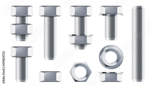 Hex Bolt With And Without Nut Set Isolated On White Background