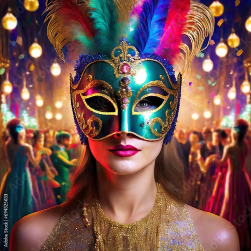 Kobieta w kolorowej karnawałowej masce na twarzy. W tle widać ludzi w maskach bawiących się na balu maskowym. Motyw zabawy karnawałowej, sylwestrowej
