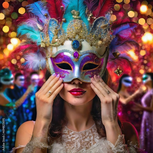 Kobieta w kolorowej karnawałowej masce na twarzy. W tle widać ludzi w maskach bawiących się na balu maskowym. Motyw zabawy karnawałowej, sylwestrowej