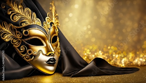 Złota maska karnawałowa na czarno-złotym tle
