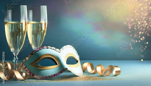 Błękitno- złote tło z szampanem i maską karnawałową