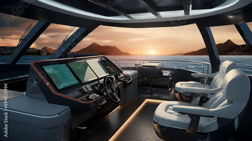 Luxurious Yacht Cockpit With Control Units And A Steering Wheel
