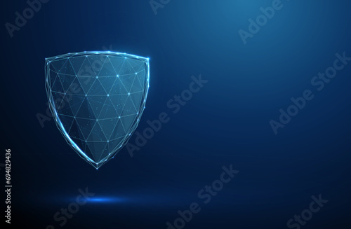 Abstract blue futuristic guard shield. Protection, cyber security and insurance concept. Low poly digital style.