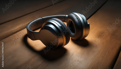 Future innovative gadget.Modern wireless headphones lie on the wooden surface.