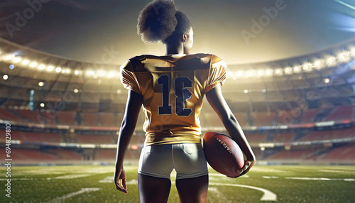 american woman football player holding a football ball, American stadium background, Super Bowl Sunday.Rear view.