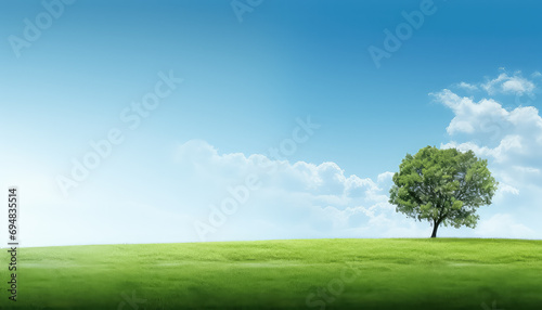 Lonely tree on the background of the sky and meadow in summer