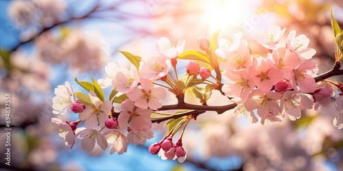 A delightful scene of nature in spring, featuring pink blossoms on a tree branch against a bright blue sky.