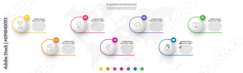 Seven colorful circles are connected with lines and icons. Vector timeline with 7 circles and steps for business process concept, presentation, report.