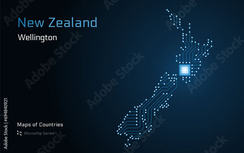 New Zealand Map with a capital of Wellington Shown in a Microchip Pattern with processor. E-government. World Countries vector maps. Microchip Series