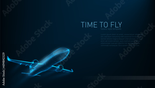 3D Blue Wire Plane Take Off On Dark Background