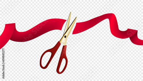 3D Red Ribbon Cutting With Scissors. Grand Opening