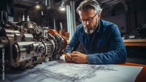 A mechanical engineer inspecting a complex machinery blueprint with calipers in hand,[mechanical engineering]
