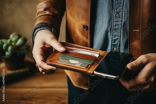 Person using smartphone for contactless payment near magnetic wallet with credit cards
