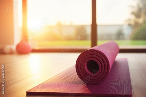 Yoga Session Concludes Woman Rolls Up Mat