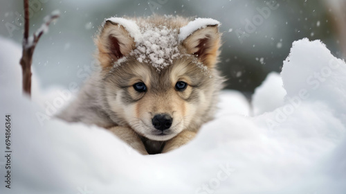 Portrait of a cute wolf puppy playing joyfully in winter snow. This adorable baby animal, with fluffy fur and happy expression, adds a touch of nature's beauty to your collection. ai generative