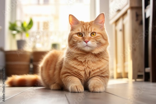 Ginger cat sitting on floor in cozy living room.