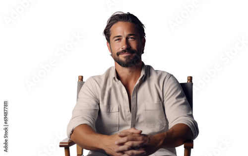 kind Handsome Male is Sitting on Director Chair Isolated on Transparent Background PNG.