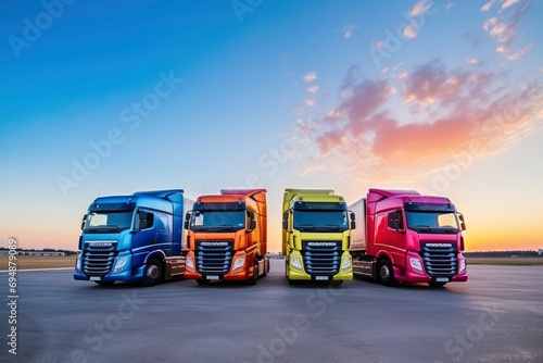 Road freight transportation. Multi-colored heavy-duty trucks are parked against the sunset sky. Concept for transporting cargo, products, logistics, transport company, shipping, business