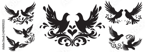 Doves in love with hearts, set of wedding decorative pigeon birds, black and white vector graphics