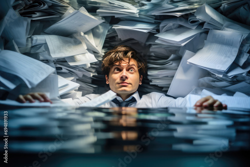 Men Overwhelmed By Workload And Mounting Stress Leading To Drowning In Paperwork