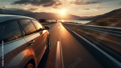 Modern car driving fast on mountain view road at sunset