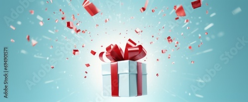 floating gift box with a red ribbon, exploding with confetti against a bright, light blue background.