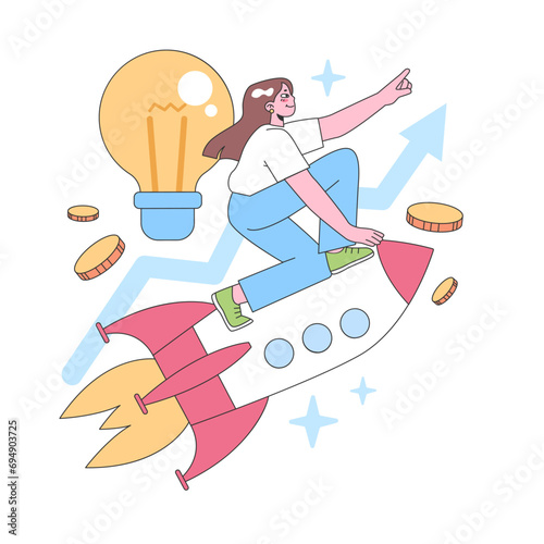 Innovation Journey concept. Energetic woman riding a rocket, guiding it toward success with a giant light bulb illuminating her path, surrounded by soaring coins and rising graphs. vector illustration