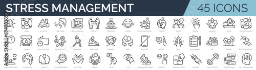 Set of 45 outline icons related to stress management. Linear icon collection. Editable stroke. Vector illustration