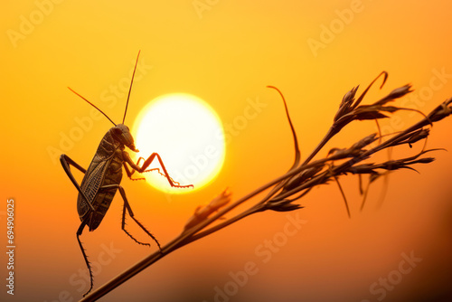 rtistic silhouette of a grasshopper at dawn, perched on a slender stem, against the soft glow of the rising sun, creating a serene and contemplative image of insect life.