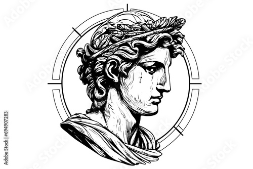 Hermes head hand drawn ink sketch. Engraved style vector illustration.