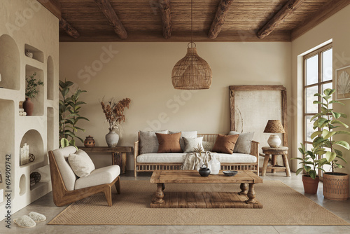 Warm wabi sabi style interior with clay niche, beige walls and ethnic home decor. Wall mockup, 3d rendering 