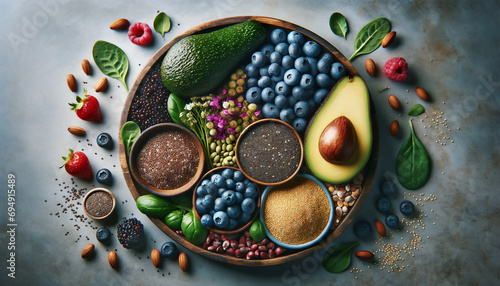 A display of a variety of superfoods, including blueberries, quinoa, avocado, and chia seeds