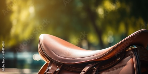 Horse riding saddle close-up, equestrian field behind.