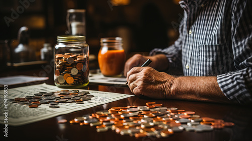 Elderly individual counting coins and managing finances at home, surrounded by a coin jar, banknotes, and a calculator.